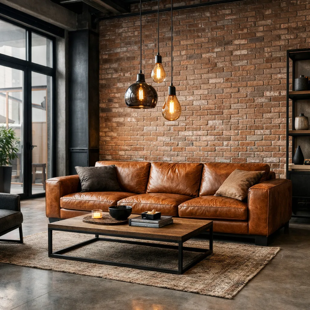 Phòng khách phong cách industrial (ảnh minh họa do AI tạo)