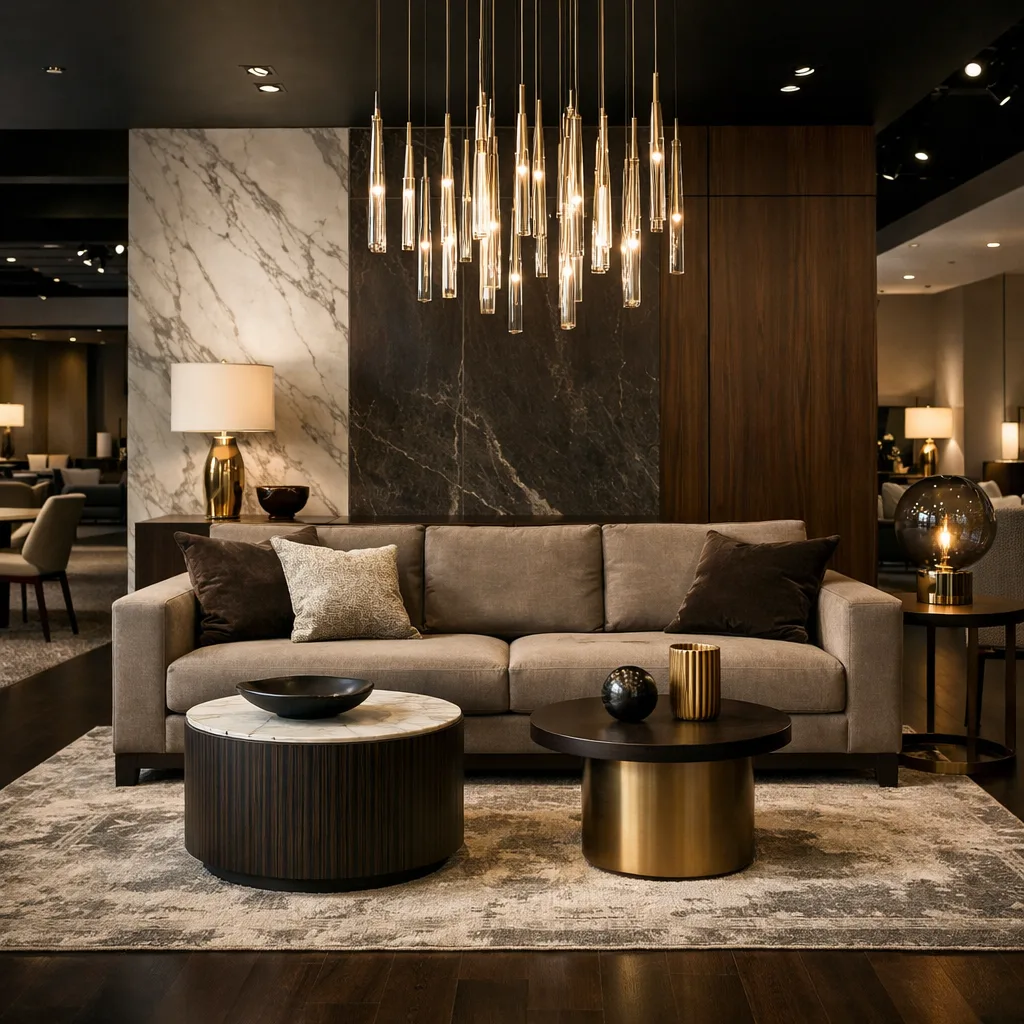 Showroom nội thất phong cách sang trọng hiện đại (ảnh minh họa do AI tạo)
