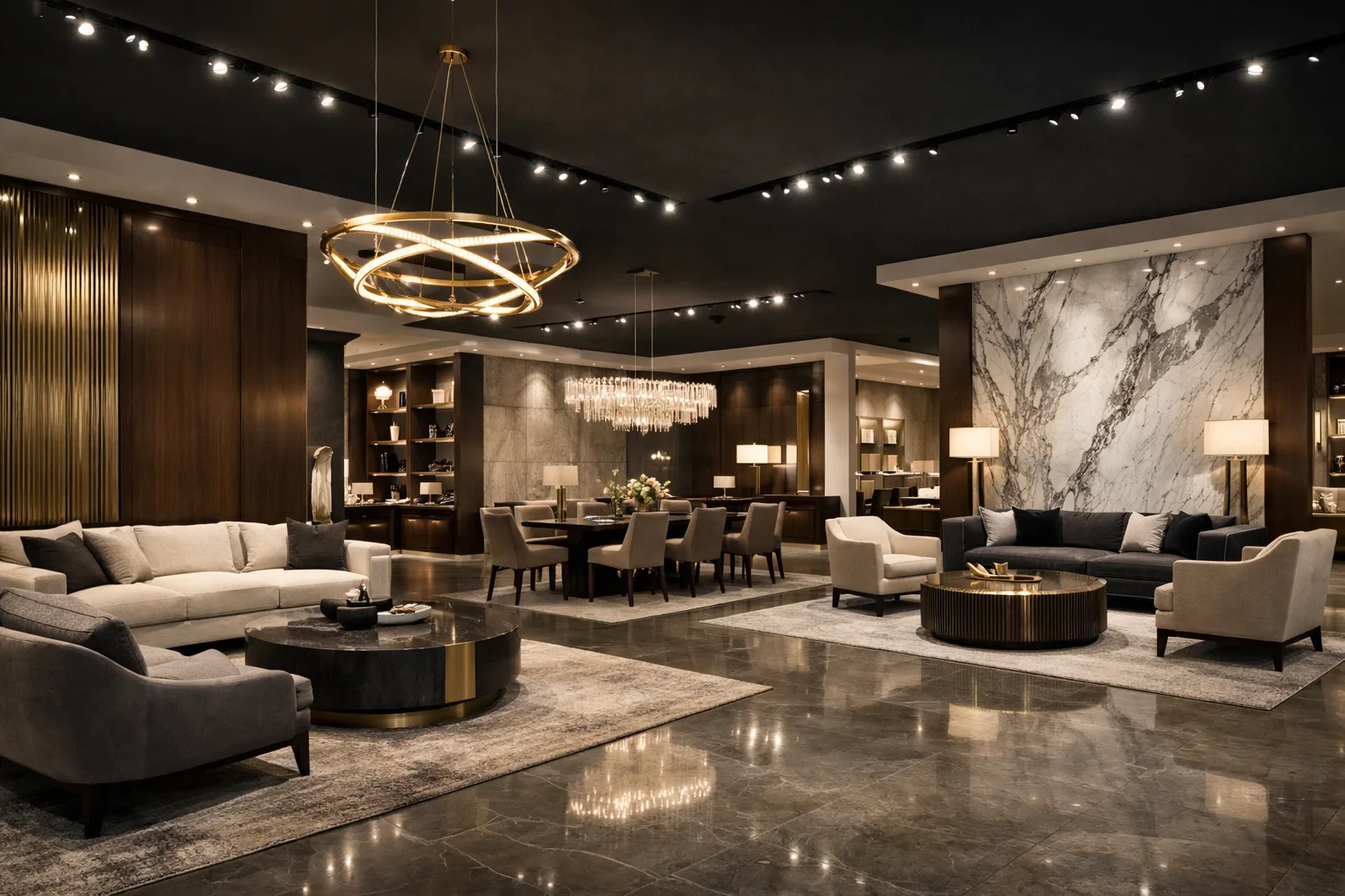 Showroom nội thất phong cách sang trọng hiện đại (ảnh minh họa do AI tạo)