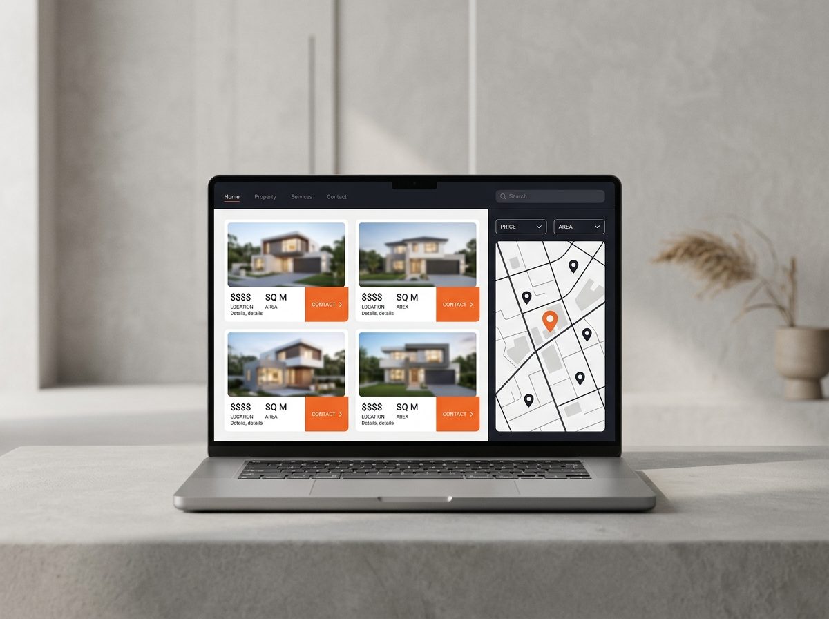 Website bất động sản với danh sách tin đăng, bản đồ và bộ lọc (hình minh họa)