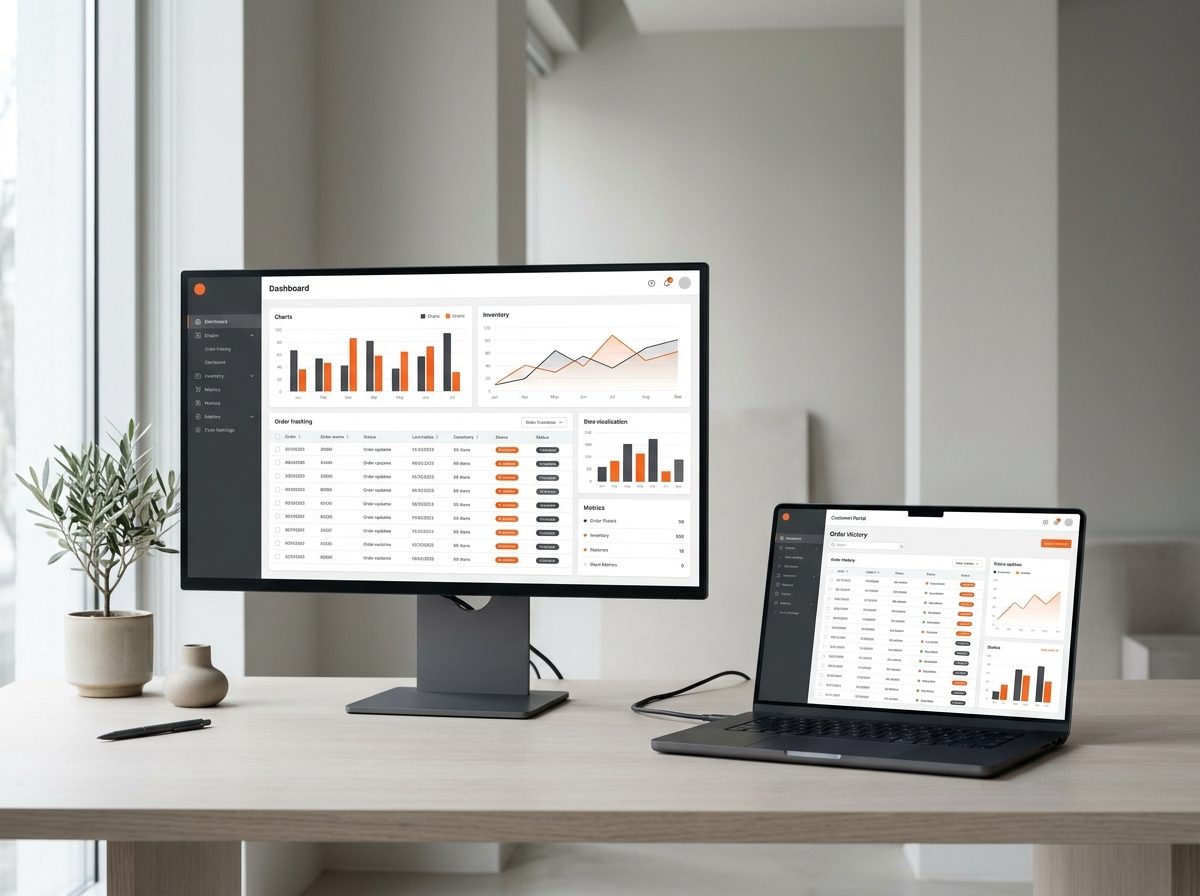 Giao diện quản trị web app theo yêu cầu với bảng đơn hàng và biểu đồ (hình minh họa)